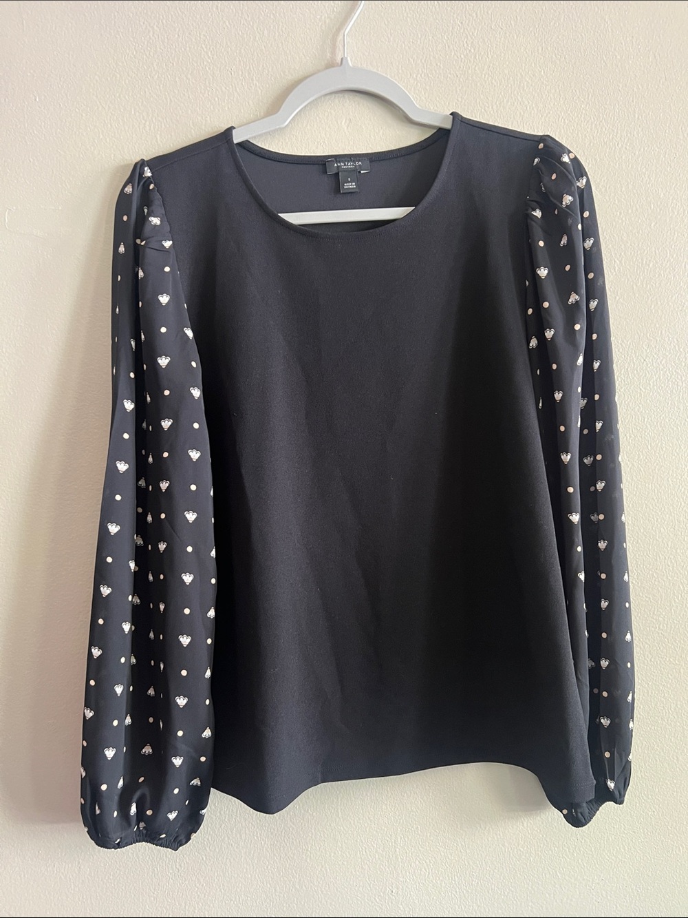Ann Taylor Factory Black Blouse with Printed Sleeves